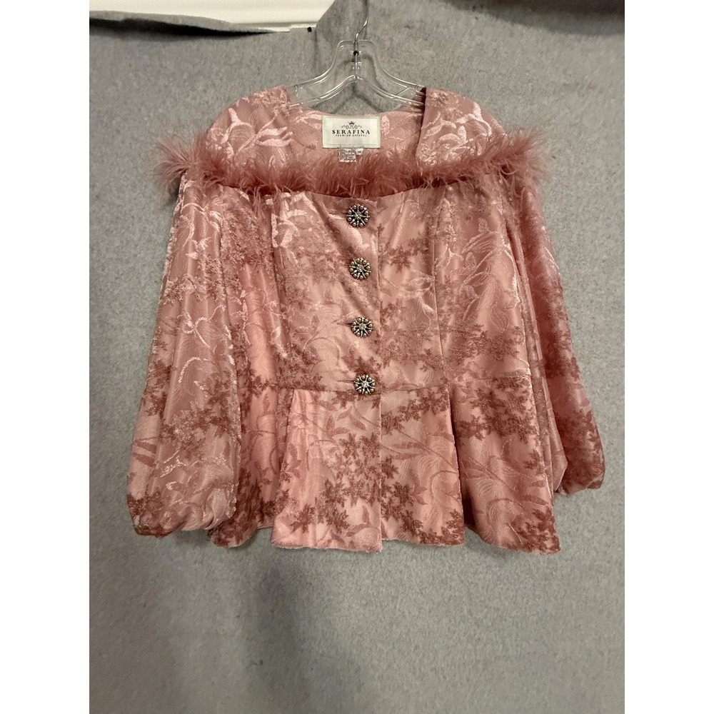 Serafina Jacket Womens 12 Pink Floral Jacquard Faux Fur Rhinestone Button Peplum